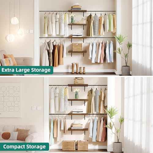 YITAHOME Wall-Mounted Closet System with Expandable Rod and Thickened Shelves ? Adjustable Clothing Rack for Bedroom, Laundry Room and Cloakroom, Suitable for 2-8 Feets Space