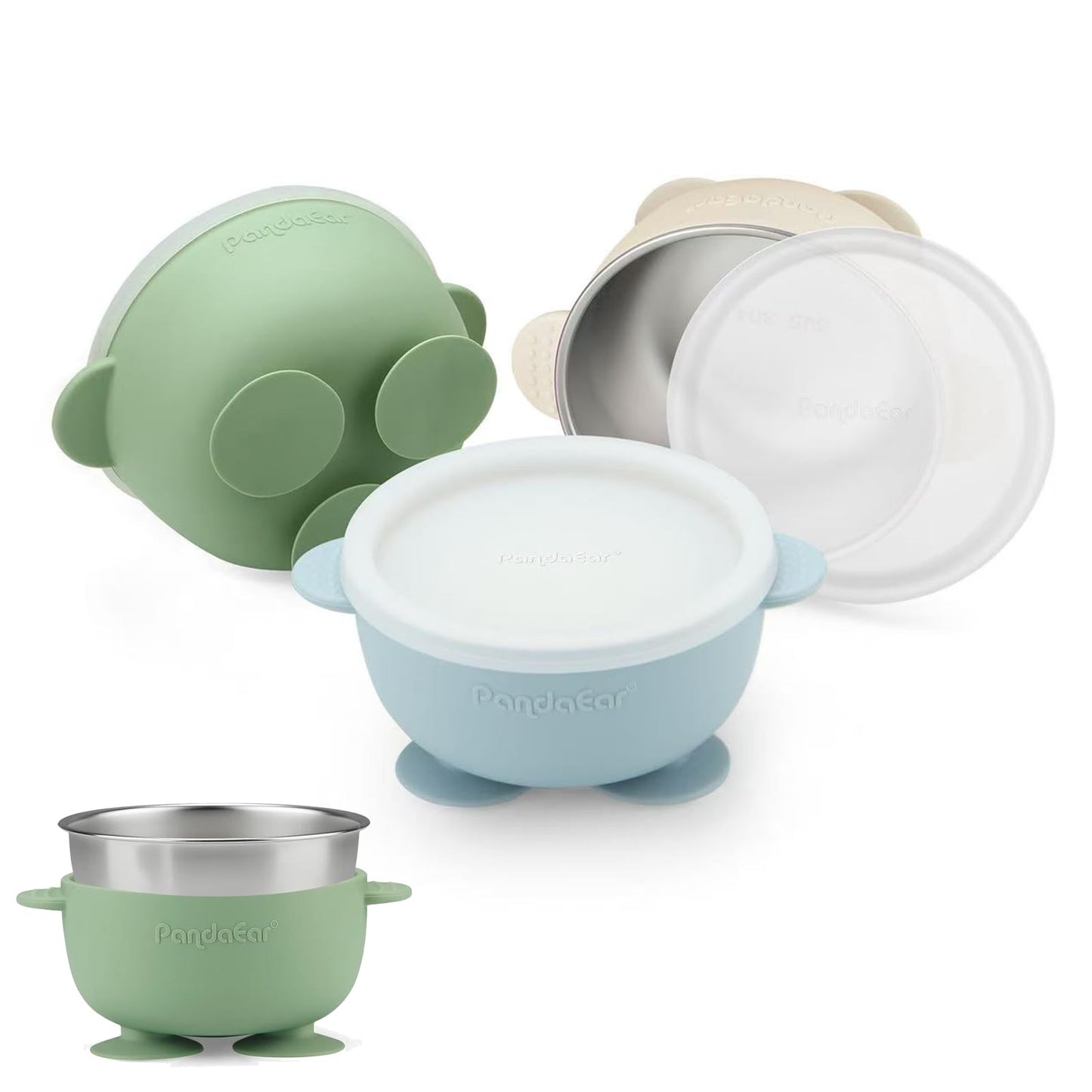 PandaEar 3 Pack Stainless Steel Baby Suction Bowls, Non-Slip Child Food Bowl with Silicone Sleeve for Kids Toddlers Infants, Unbreakable & Mess Free (Blue Green Beige, With Lids)