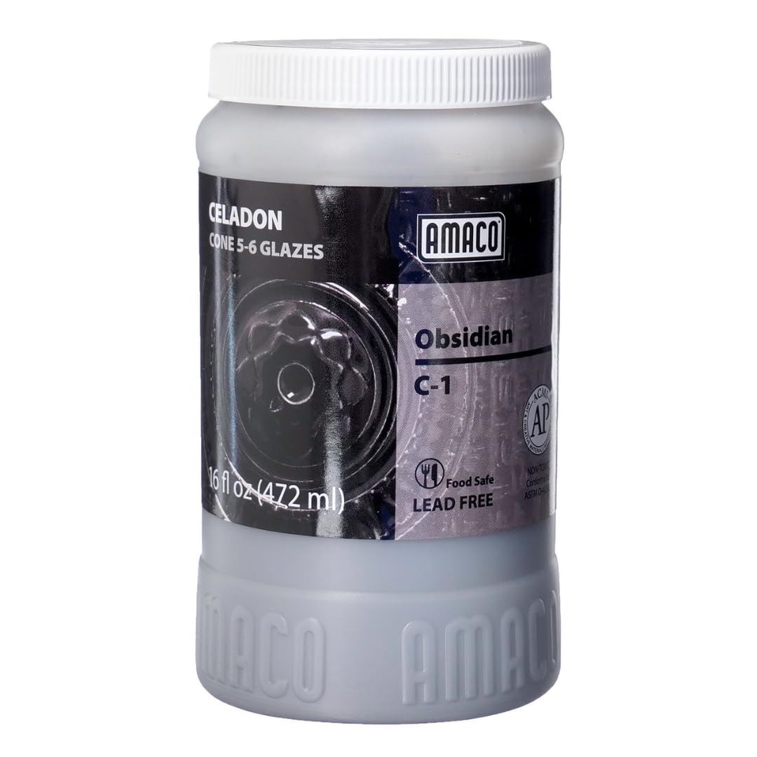 AMACO Celadon C-01 Obsidian Black High Fire Transparent Gloss Glaze Pint, 16 oz. (473 mL), 100% Mixable Mid-High Fire Cone 5-6 (C) Liquid Ceramic Pottery Glaze for Bisque