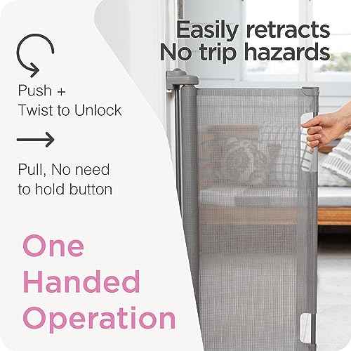 Retractable Baby Gate Perma Child Safety 33" Tall x 71¡± Wide, Mesh, for Stairs, Doorways, Dogs, Pets, Indoor, Outdoor, One-Handed Operation, Locking, Easy Install, Hardware Mount, Gray