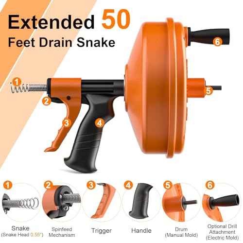 ¡¼2025 ????????????????¡½Drain Snake, 50-FT Plumbing Snake Drain Auger Hair Clog Remover, Flexible Plumbing Snake Use Manually or Powered for Kitchen,Bathrom and Shower Sink Gloves