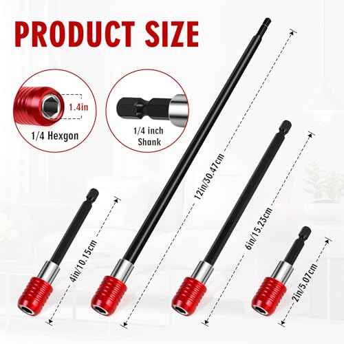 2/4/6/12'' Drill Bit Extension with Magnetic Bit Holder, 1/4'' Hex Drill Extension Bit Holder for Impact Driver, Cr-V Steel Quick Release (4PCS)