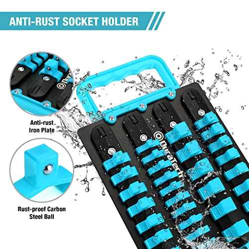 DURATECH Socket Organizer, 80-Piece Portable Socket Holder with Handle, ABS Sockets Tray Wall and Tool Cart Mounted, 1/4", 3/8", 1/2" Drive, Blue(Socket not Included)