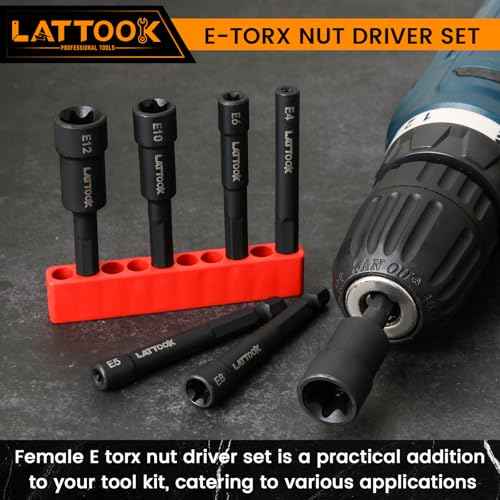 E-TORX Nut Driver Set, LATTOOK 7-Piece 1/4'' Hex Shank Female Torx Nut Driver E Torx & Star Nut Driver External Star Nut Driver Set for Impact Drill, E4 E5 E6 E8 E10 E12 E14