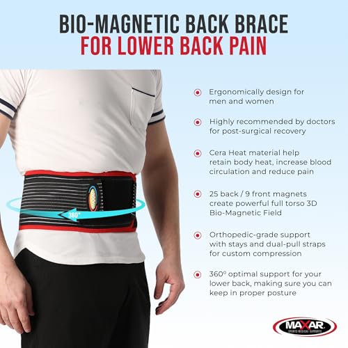 MAXAR Bio-Magnetic Back Brace for Lower Back Pain Women and Men - Lumbar Support Brace W/ 34 Powerful Magnets & Far Infrared Technology - Lower Back Support for Sciatica, Herniated Disc, Scoliosis