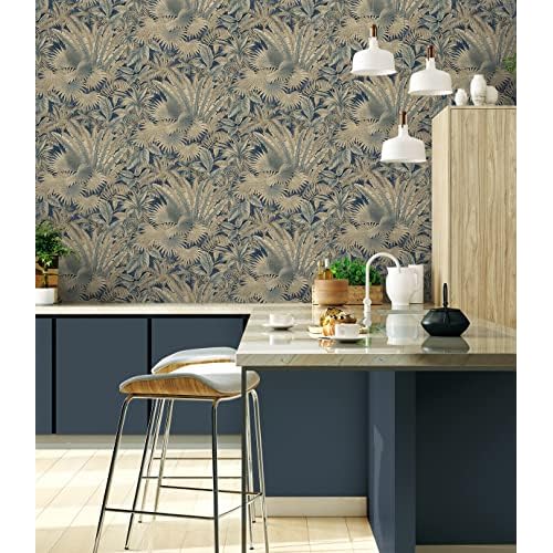 Tommy Bahama - Peel and Stick Wallpaper, Tropical Peel and Stick Wallpaper for Bedroom, Powder Room, Kitchen, Vinyl, 30.75 Sq Ft Coverage (Bahamian Breeze Collection, Denim)
