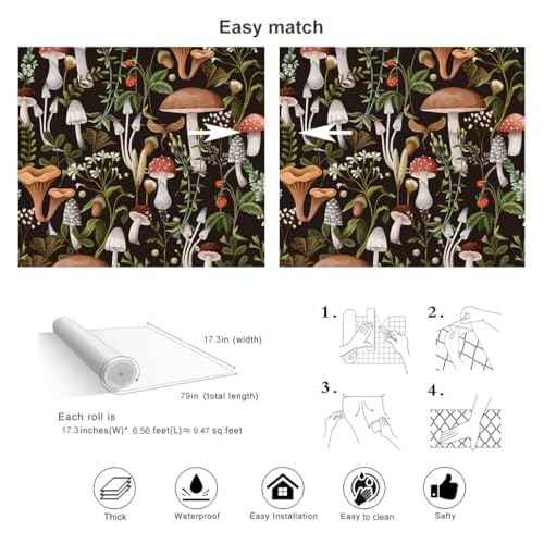 Mushroom Wallpaper Peel and Stick Textured?Boho Contact Paper Removable Vintage Forest Stick on Wallpaper Self Adhesive for Bedroom Bathroom, Black Green Brown White, 17.3 x 79 inch