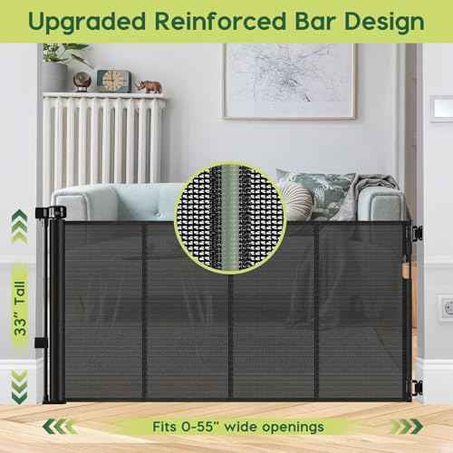 Reinforced 55" Wide Retractable Baby Gates with Reinforced Strips, Indoor/Outdoor Retractable Dog Gate for Doorway Prevent Bottom Drilling Through, No Bottom Bar Safety Mesh Baby Gate for Stair, Black