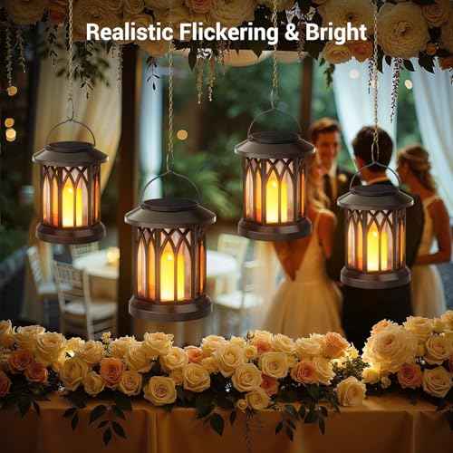 KOOPER 4 Pack Solar Lantern Outdoor Lights, Hanging Solar Lanterns Outdoor Waterproof, Lanterns Decorative Outdoor LED Flickering Flameless Candle Mission Lights for Yard Table Garden (Black)