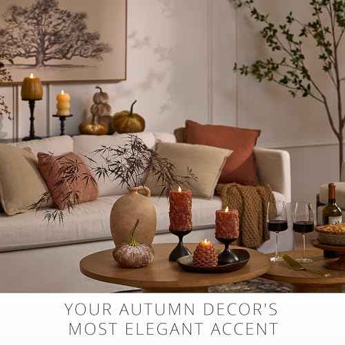 Luminara Flameless Marmalade Embossed Leaves 3.5" x 6.5" Pillar, Battery Operated & Timer Function, Fall Decorations Indoor Candle Moving Flickering Flame LED Light, Remote Ready (Sold Separately)