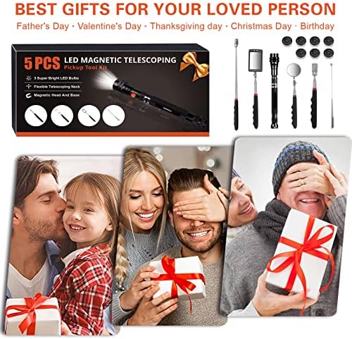 Telescoping Magnetic Pickup Tool Set with 1 & 15 lb Pick Up Sticks, Round and Square 360 Adjustable Inspection Mirror and Flexible LED Flashlight, Birthday Gifts for Men, Dad
