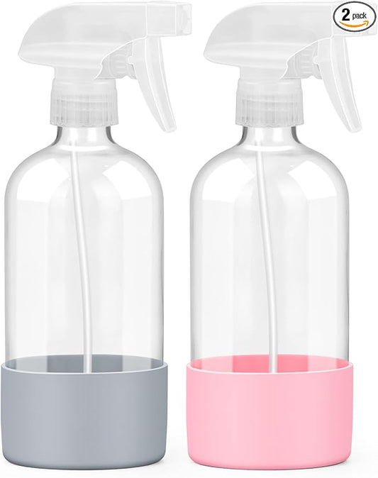 Worldgsb 2 Pack Glass Spray Bottles with Silicone Sleeve, 16 oz Empty Refillable Containers with Adjustable Spray Nozzles, Spray Bottles for Hair, Cleaning Solutions and Plants Pink&Grey