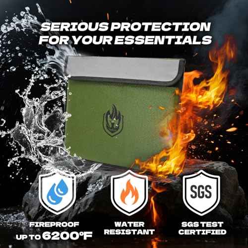 2 Pockets Fireproof Document Bag 6200¡ÆF, 10 Layers Waterproof Fireproof Money Bag for Cash with Reflective Strip, Heat Insulated Waterproof Document Holder Pouch, Fire Safe Storage (Green)