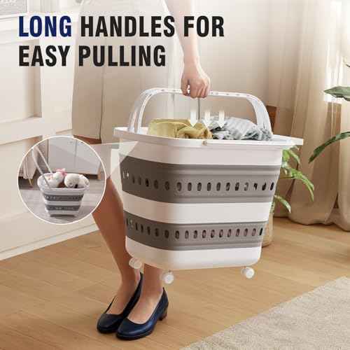 TECHMILLY Collapsible Plastic Laundry Basket Hamper with Wheels, 45L Portable Rubber Clothes Basket, Pop Up Storage Container/Organizer with Hanging Basket for Washing & Storage, Grey