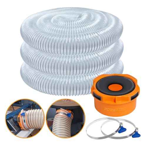 POWERTEC 4" x 20' Flexible PVC Dust Collection Hose with 2pcs Key Hose Clamps and Dust Port Adapter for Table Saw, Band Saw, Planer, Jointer, Woodworking and Woodshop Dust Collection System (70434)