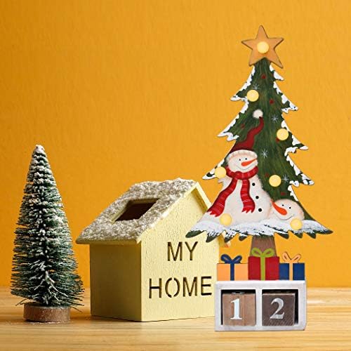 E-view Christmas Advent Calendar Wooden Xmas Tree Tabletop Decor with Lights, Rustic Countdown with Number Blocks Wood Santa Snowman Decoration Indoor Holidays Ornament (Snowman A)