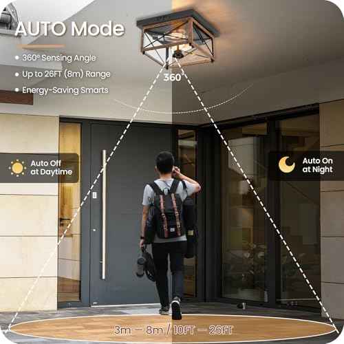 Outdoor Ceiling Light with Motion Sensor, Flush Mount Porch Ceiling Lights Outdoor, 2-Light Farmhouse Metal Close to Ceiling Light Fixture for Patio, Hallway, Garage, Rustic Brown FT09XD05