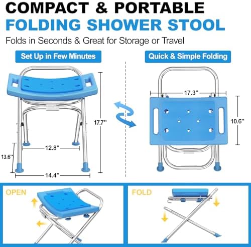 Upgraded Folding Shower Chair, Stainless Steel Foldable Shower Seat for Inside Bathtub, Lightweight & Portable Travel Shower Stool, Anti-Slip Feet Bath Chair for Elderly, Disabled, Injured