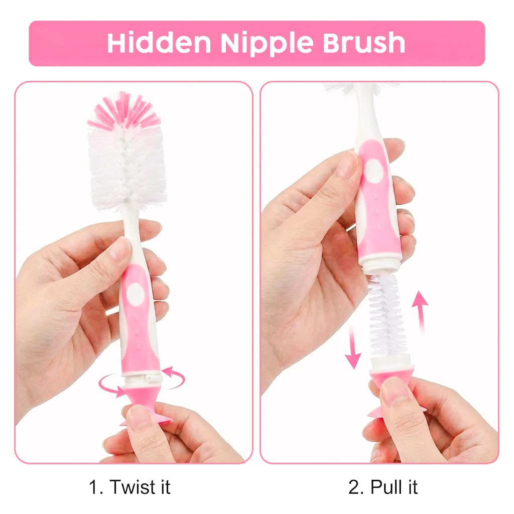 Ariseno 5-in-1 Baby Bottle Brush Set, Including Nylon and Silicone Bottle Brush, Cap, Straw, Nipple Brushes, BPA-Free (Pink)
