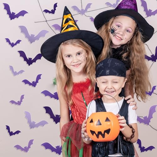 128Pcs Halloween 3D Bats Wall Stickers Gradient Purple Bats Waterproof Decals Halloween Wall Decorations with Glue Points for Home Window Party Supplies