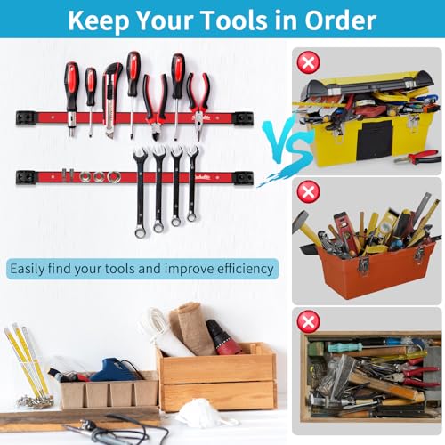 4 Pieces 18" Magnetic Tool Holder Strip, Red Magnet Bar, Metal Tool Organizer Rack for Garage Organization, Easy To Install in Workshop, Mounting Screws Included