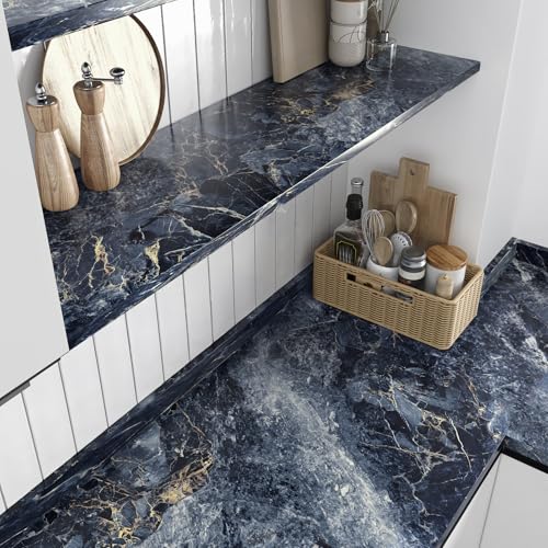 Marble Contact Paper for Countertops Glossy Navy Blue and Gold Marble Wallpaper Peel and Stick Removable Granite Wallpaper for Kitchen Backsplash Bathroom Wall Table Bedroom Terrazzo Ppaper