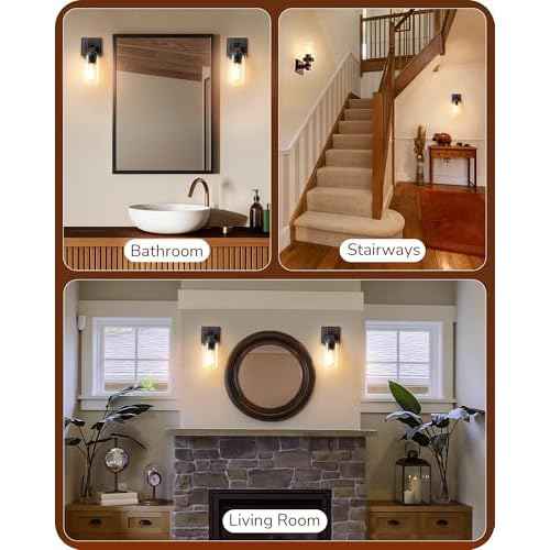 EDISHINE Wall Sconces Set of 2, Farmhouse Vanity Light Fixtures with Clear Glass Shade & Dark Brown Wood Grain Paint, 1-Light Wall Mount Lamp for Bathroom, Hallway, Living Room, Mirror, Kitchen