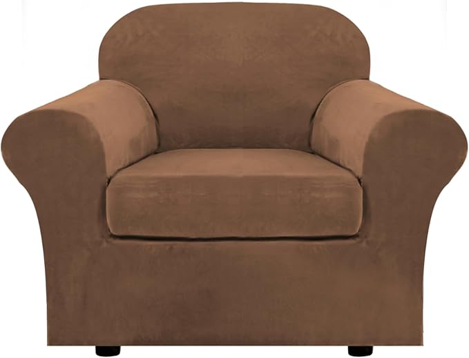 H.VERSAILTEX Rich Velvet Stretch 2 Piece Cover Chair Slipcover Sofa Cover Furniture Protector Couch Soft with Elastic Bottom Chair Couch Cover with Arms Width Up to 49 Inch(Chair, Caramel)