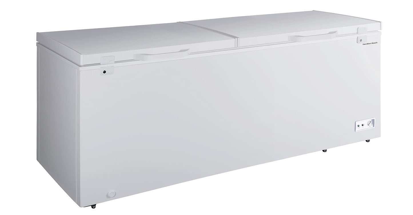 Hamilton Beach 29.8 Cu. Ft. Garage Ready Chest Freezer, White Deep Freezer, Adjustable Thermostat, Easy Defrost Drain, Double Door Lid, Top Opening, for Storage, Hunting - 29"D x 79"W x 38"H