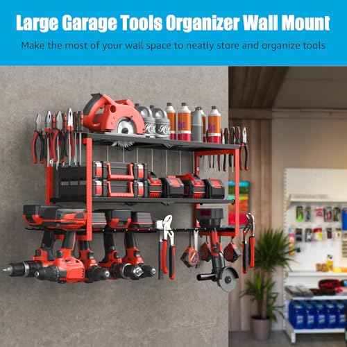 CCCEI Power Tool Organizer Wall Mount, Large 3 Layer Garage Storage Shelves and Organization, Heavy Duty Metal Drill, Battery, Tools Box Holder Rack, Gifts for Men, Red.