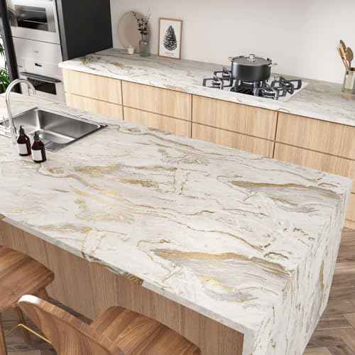 Wallercity Matte Beige/Gold Marble Contact Paper for Countertops Vinyl Waterproof Peel and Stick Wallpaper for Cabinet Backsplashes Self Adhesive Countertop Wall Paper 15.8''x78.7'' Granite Wrap Cover