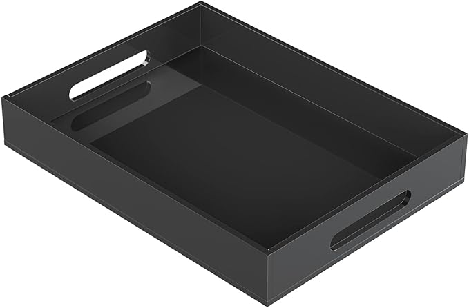 KOTEMON Acrylic Serving Tray with Handles-16x12x2.36Inch-Decorative Tray Letter Tray Organizer for Ottoman Coffee Table Countertop, Black