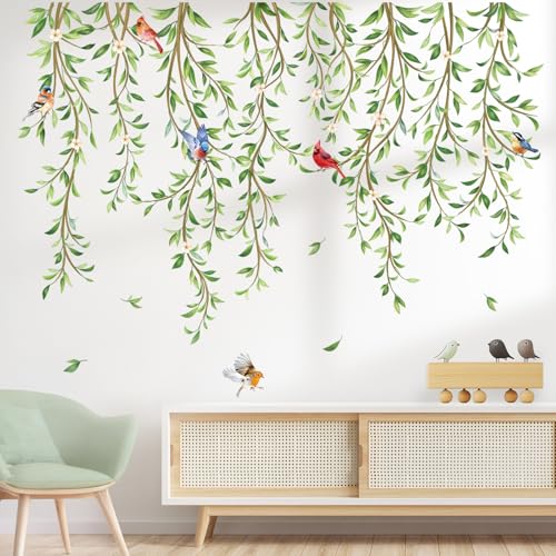 wondever Hanging Green Vine Wall Stickers Plants Leaves White Floral Birds Peel and Stick Wall Art Decals for Bedroom Living Room Sofa