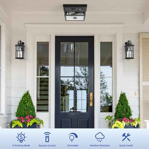 Motion Sensor Outdoor Ceiling Light with Remote, Distance and Time Adjustable Outside Flush Mount Ceiling Light, 5 Modes Porch Lights Outdoor Ceiling for Garage, Porch, Entryway, Black, Square