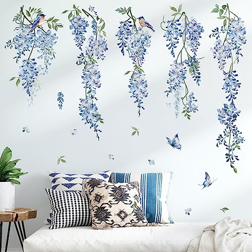 decalmile Hanging Flower Vine Wall Decal Blue Wisteria Floral Vines Wall Stickers Living Room Bedroom Sofa TV Background Wall Decor