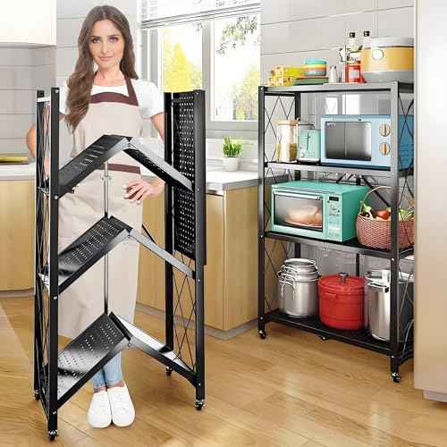 4-Tire Storage Shelves Organizer, Foldable Metal Garage Shelving, Portable Closet Shelving Unit, 28" x 13" x 48" Kitchen Bakers Rack Microwave Stand on Wheels (Tiered Shelf-4)