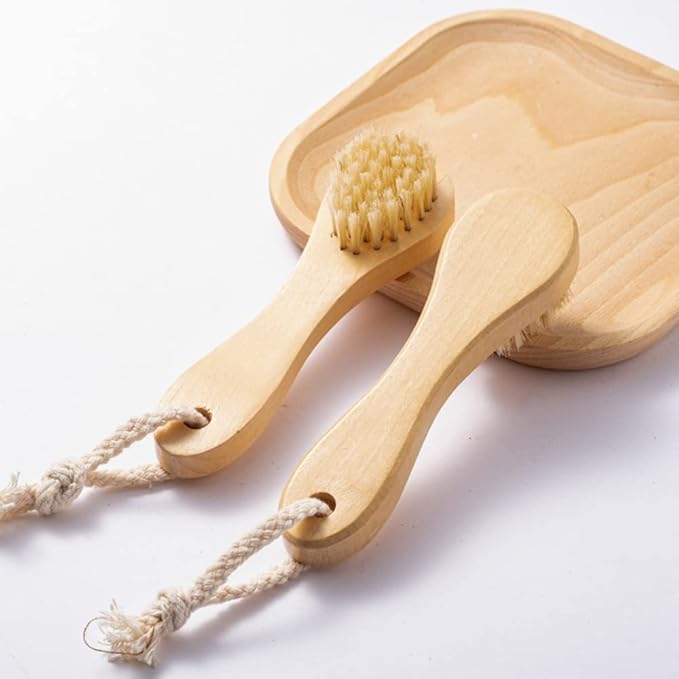 2 Pack Wood Handle Manual Face Facial Cleansing Brush, 5.7Ã¢ÂÂ Natural Boar Bristles Skin Care Exfoliating Scrub Brush.