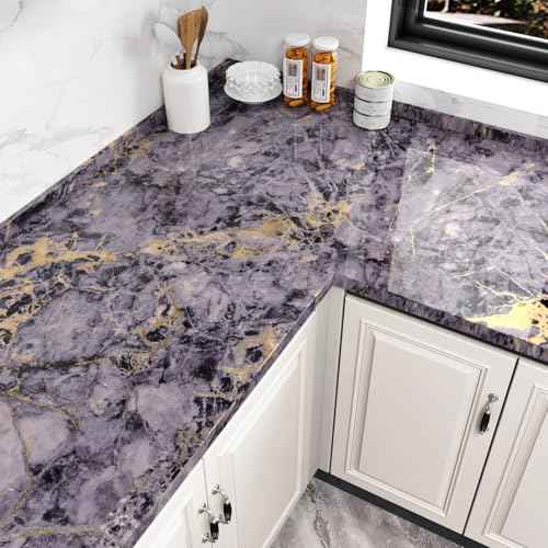 Wallercity Glossy Purple Gold Marble Contact Paper for Table Tops Waterproof Shiny Cracked Marble Wallpaper Peel and Stick Vinyl Purple Granite Wall Paper for Cabinets Counter Top Covers 15.8"x78.7"
