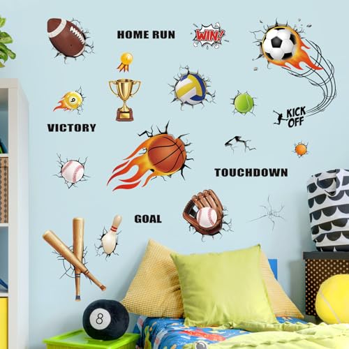 wondever Sport Balls Wall Decals 3D Break Through The Wall Peel and Stick Wall Art Stickers for Boys Playroom Bedroom Classroom