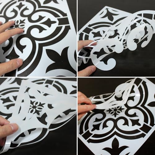 Set of 7, Tile Stencils and Wooden Brushes, SourceTon 12x12 Inch Reusable Mandala Wall Stencils for Painting with 3 Bristle Brushes ? DIY Floor, Wall, Cabinet Decor
