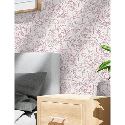 Safiyya 118'' ¡¿ 17.3'' Pink Floral Wallpaper Peel and Stick Pink and White Rose Contact Paper Removable Wall Paper Boho Wallpaper for Bedroom