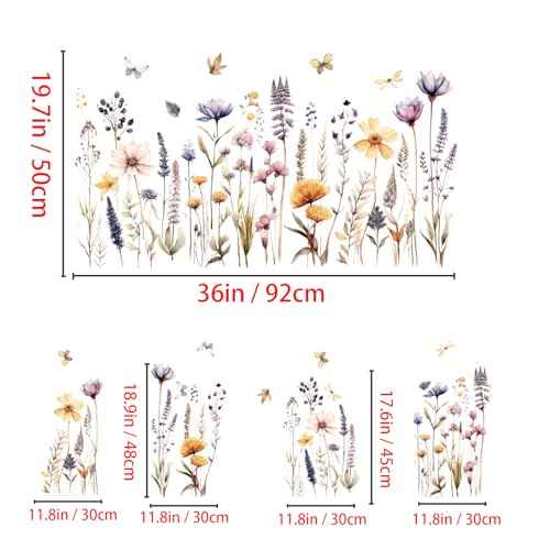 Wildflower Wall Decals Wall Decor Boho Flower Stickers, Dandelion Grass Wall Art Murals, 3D Flower Pattern Self-Adhesive Wall Stickers for Girls Bedroom Living Room Nursery Decor