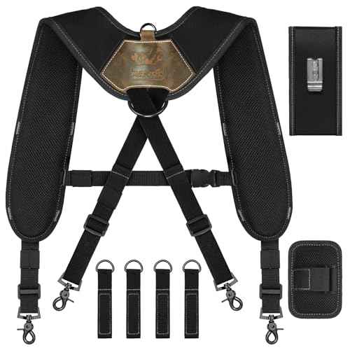 Tool Belt Suspenders, Tool Bag Suspenders, Work Belt Suspender with Magnetic Wristband and Loop Attachment, Padded Construction Suspender for Carpenter, Electrician, Framer, Black