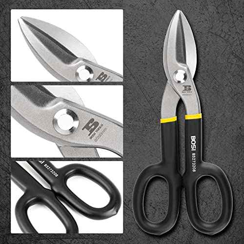 8 Inch Straight Pattern Tin Snips Metal Cutters, High Strength Forged and Heat Treated Carbon Steel with Comfortable Black Rubber Handle