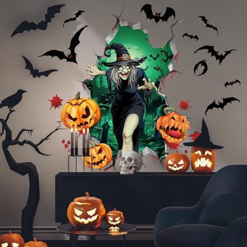 Halloween Wall Decals Gothic Witch Bat Pumpkin Wall Stickers Halloween Horror Wall Decor Removable Vinyl Peel and Stick Wallpaper for Bedroom