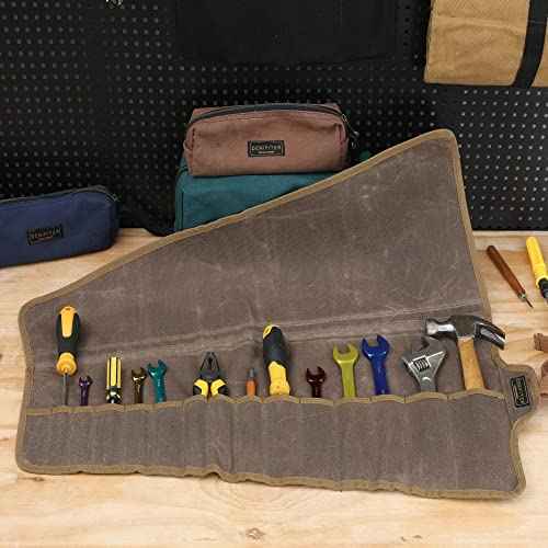 Tool Roll Up Organizer Bag, Heavy Duty 16oz Waxed Canvas Wrench Roll Up Bag with Straps, Multi-Purpose Tool Pouch (Grey)