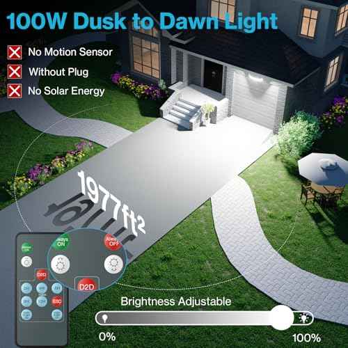 Olafus 100W Dusk to Dawn LED Outdoor Flood Light with Remote, 10000LM, 5 Adjustable Heads, IP65 Waterproof LED Security Light, Photocell Lights Fixture for Yard Garage White