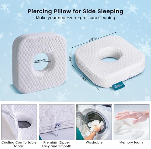 Ear Pillow with Ear Piercing for Side Sleeping, Ear Hole Memory Foam Donut Pillows for Ear Pain CNH Earring Pierced Pillow, Square, White