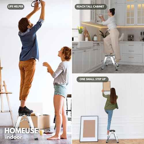 2 Step Ladder, Aluminum Folding Step Ladder, Portable Small Kitchen Step Stool, Lightweight with Widen Pedals by Glosiory, Solid Handy Metal Step Stool for Home, Kitchen, RV, SUV, Garage, 330lbs