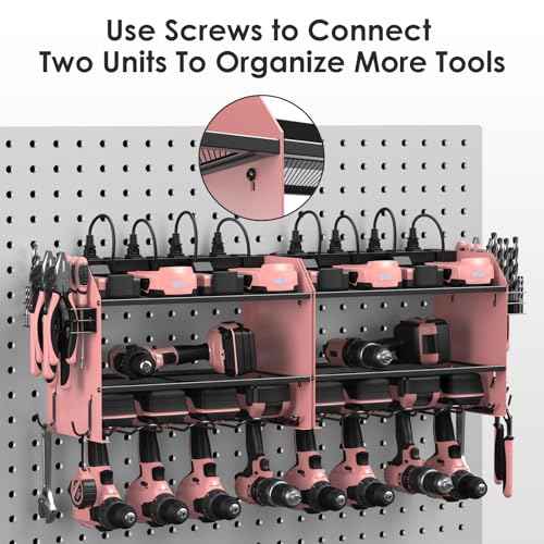 CCCEI Modular Power Tool Organizer Wall Mount with Charging Station. Garage Drill Storage Shelf with Hooks, Heavy Duty Rack, Tool Battery Holder Built in 8 Outlet. Gift for Men. Pink, 1 Pack.